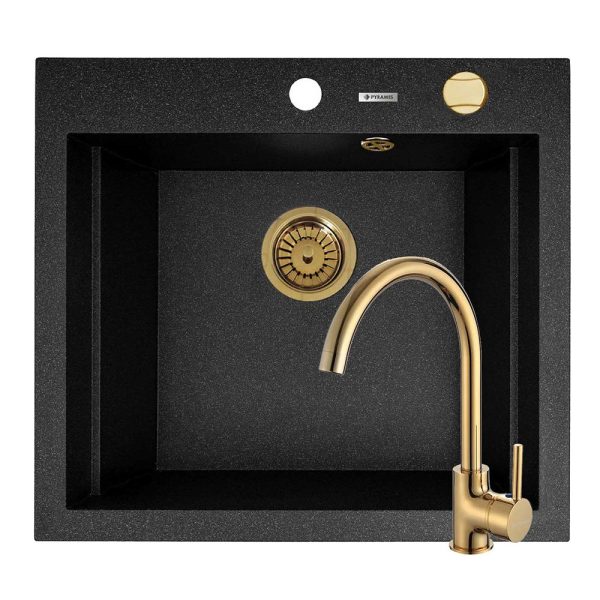 Set chiuveta granit SIROS 57x51,5 1B Black si baterie ECO BELLO Gold