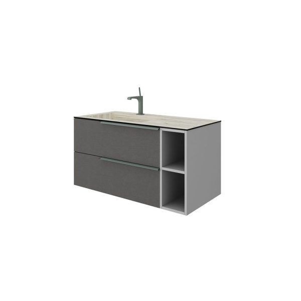 Savini Due Oikos Baza suspendata cu 2 sertare 80 cm, extensie frontala si lavoar din HPL ROVERE GHIACCIO 101 cm, cuva stanga, culoare lino
