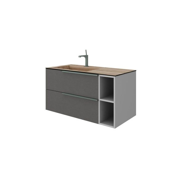 Savini Due Oikos Baza suspendata cu 2 sertare 80 cm, extensie frontala si lavoar din HPL MIELE 101 cm, cuva stanga, culoare lino