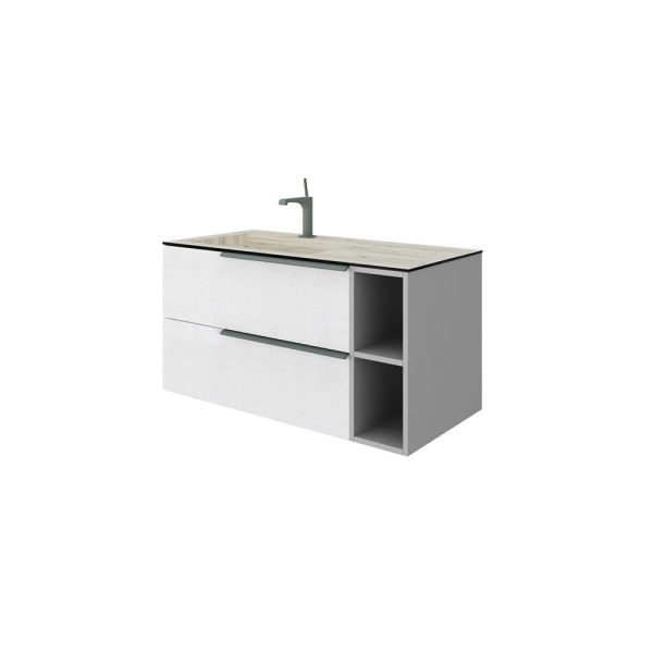 Savini Due Oikos Baza suspendata cu 2 sertare 80 cm, extensie frontala si lavoar din HPL ROVERE GHIACCIO 101 cm, cuva stanga, culoare alaska