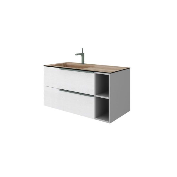 Savini Due Oikos Baza suspendata cu 2 sertare 80 cm, extensie frontala si lavoar din HPL MIELE 101 cm, cuva stanga, culoare alaska