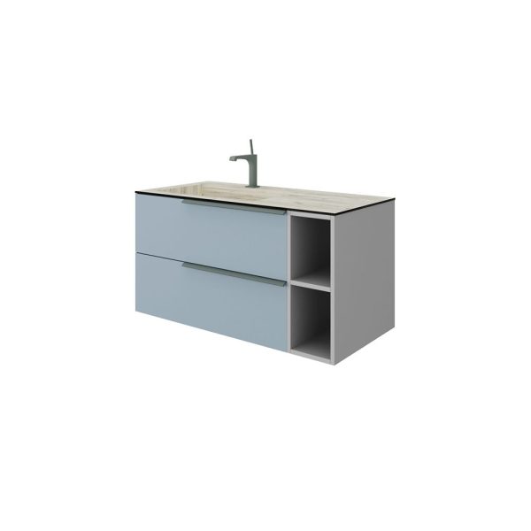 Savini Due Oikos Baza suspendata cu 2 sertare 80 cm, extensie frontala si lavoar din HPL ROVERE GHIACCIO 101 cm, cuva stanga, culoare blu pastello opaco