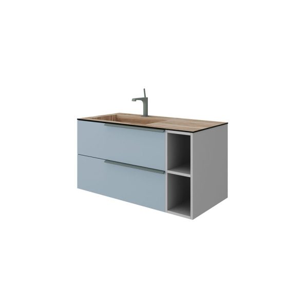 Savini Due Oikos Baza suspendata cu 2 sertare 80 cm, extensie frontala si lavoar din HPL MIELE 101 cm, cuva stanga, culoare blu pastello opaco