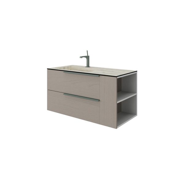Savini Due Oikos Baza suspendata cu 2 sertare 80 cm, extensie laterala si lavoar din HPL ROVERE GHIACCIO 101 cm, cuva stanga, culoare pietra