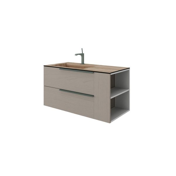 Savini Due Oikos Baza suspendata cu 2 sertare 80 cm, extensie laterala si lavoar din HPL MIELE 101 cm, cuva stanga, culoare pietra