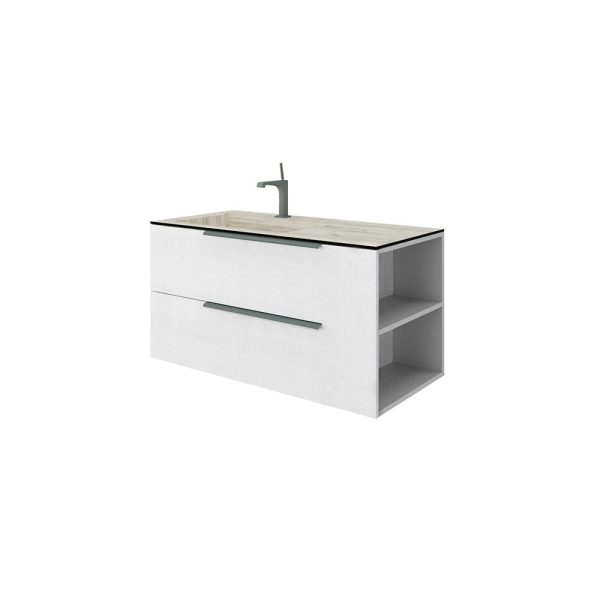 Savini Due Oikos Baza suspendata cu 2 sertare 80 cm, extensie laterala si lavoar din HPL ROVERE GHIACCIO 101 cm, cuva stanga, culoare alaska