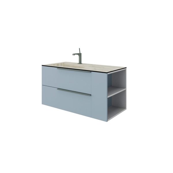 Savini Due Oikos Baza suspendata cu 2 sertare 80 cm, extensie laterala si lavoar din HPL ROVERE GHIACCIO 101 cm, cuva stanga, culoare blu pastello opaco