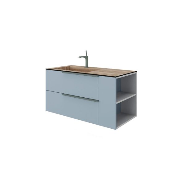 Savini Due Oikos Baza suspendata cu 2 sertare 80 cm, extensie laterala si lavoar din HPL MIELE 101 cm, cuva stanga, culoare blu pastello opaco