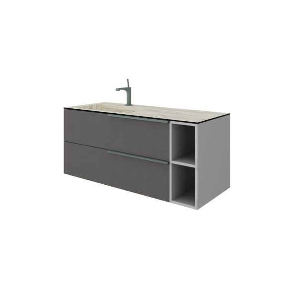 Savini Due Oikos Baza suspendata cu 2 sertare 100 cm, extensie laterala si lavoar din HPL ROVERE GHIACCIO 121 cm, cuva stanga, culoare lino