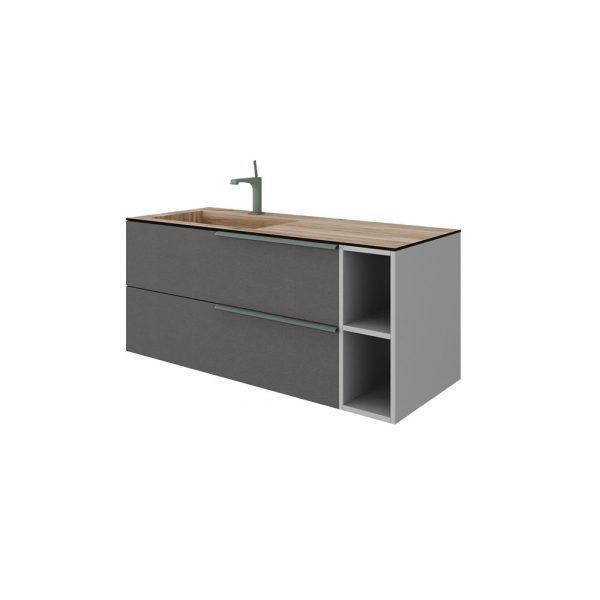 Savini Due Oikos Baza suspendata cu 2 sertare 100 cm, extensie laterala si lavoar din HPL MIELE 121 cm, cuva stanga, culoare lino
