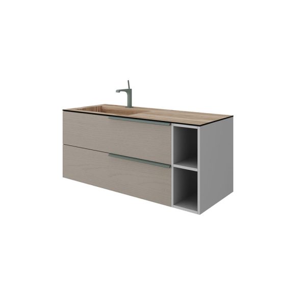 Savini Due Oikos Baza suspendata cu 2 sertare 100 cm, extensie laterala si lavoar din HPL MIELE 121 cm, cuva stanga, culoare pietra