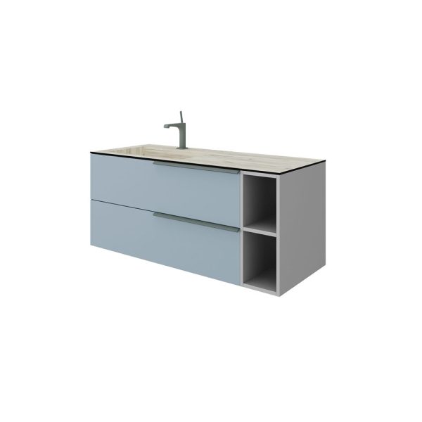 Savini Due Oikos Baza suspendata cu 2 sertare 100 cm, extensie laterala si lavoar din HPL ROVERE GHIACCIO 121 cm, cuva stanga, culoare blu pastello opaco