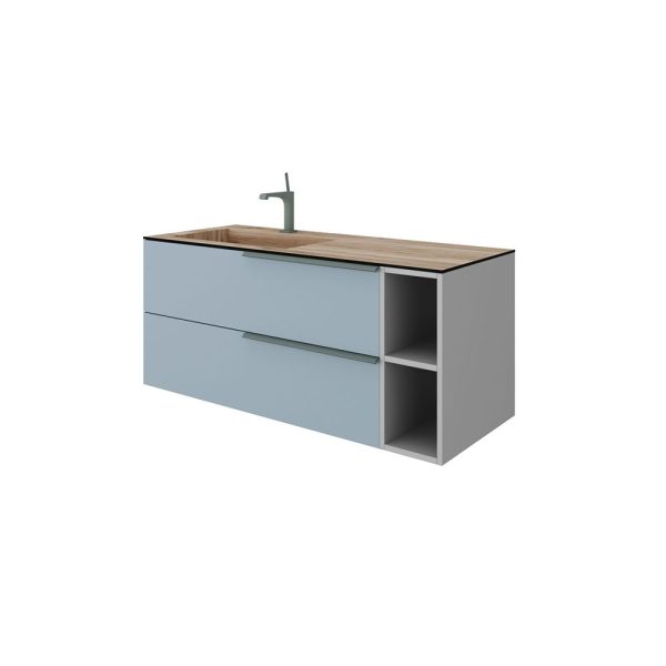Savini Due Oikos Baza suspendata cu 2 sertare 100 cm, extensie laterala si lavoar din HPL MIELE 121 cm, cuva stanga, culoare blu pastello opaco