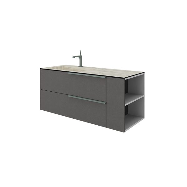 Savini Due Oikos Baza suspendata cu 2 sertare 100 cm, extensie laterala si lavoar din HPL ROVERE GHIACCIO 121 cm, cuva stanga, culoare lino