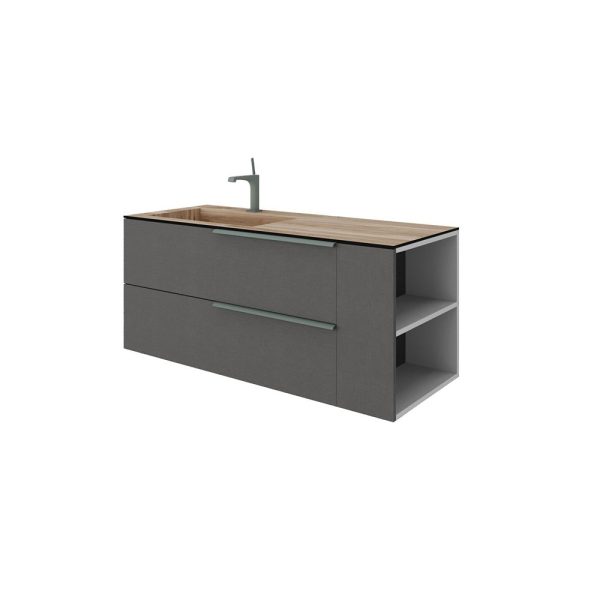 Savini Due Oikos Baza suspendata cu 2 sertare 100 cm, extensie laterala si lavoar din HPL MIELE 121 cm, cuva stanga, culoare lino