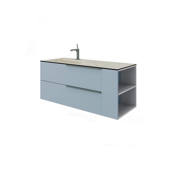 Savini Due Oikos Baza suspendata cu 2 sertare 100 cm, extensie laterala si lavoar din HPL ROVERE GHIACCIO 121 cm, cuva stanga, culoare blu pastello opaco