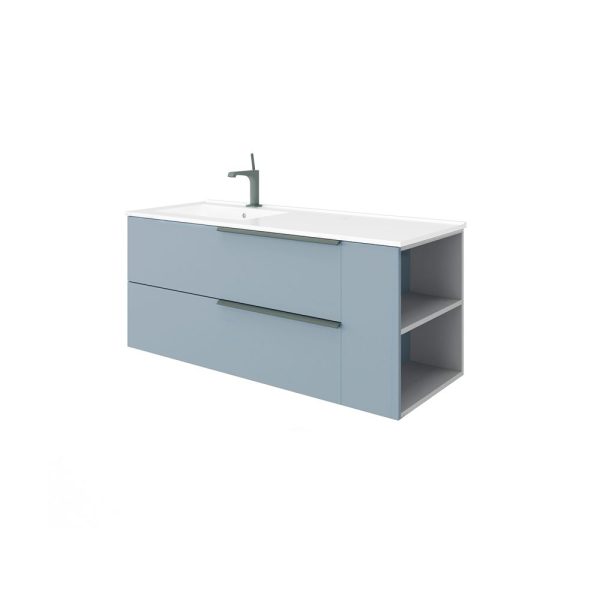Savini Due Oikos Baza suspendata cu 2 sertare 100 cm, extensie laterala si lavoar ceramic 121 cm, cuva stanga, culoare blu pastello opaco
