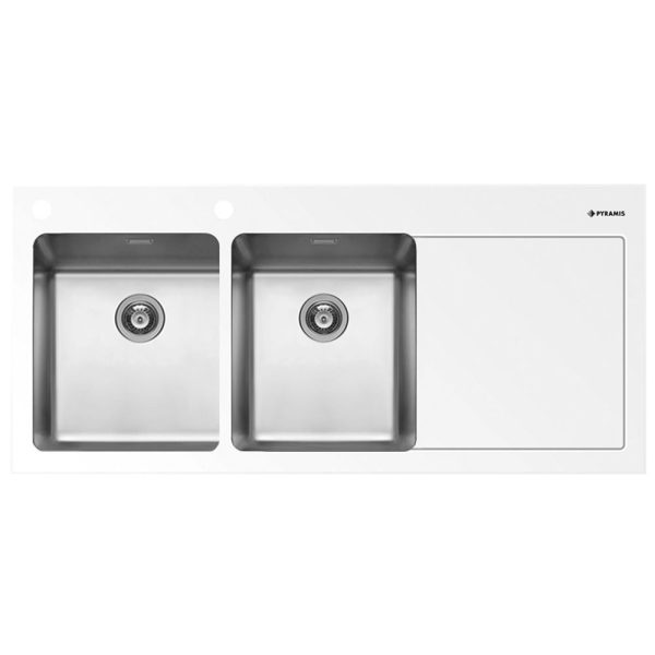 Chiuveta Crystalon 2B 1D ST Sticla Temperata Alba & Inox ST