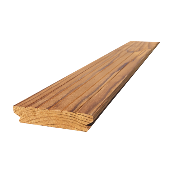 Lambriu pin termotratat 21x100x2500 mm, imbinat in dinti, finisaj striații rare, montaj cu profil conector