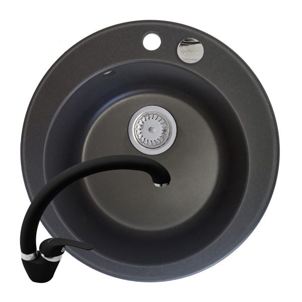 Set chiuveta granit ALYA 1B Ø49 & baterie OSSIA - Carbon