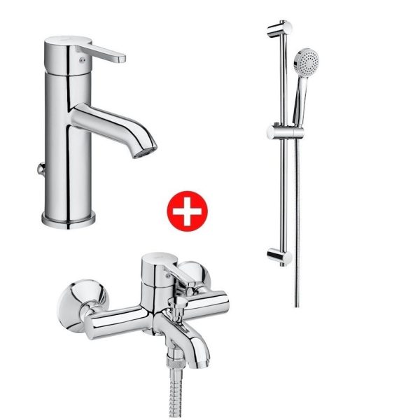 Roca Carelia set promo 3 in 1, contine baterie lavoar, baterie cada dus si set de dus cu bara culisanta, crom